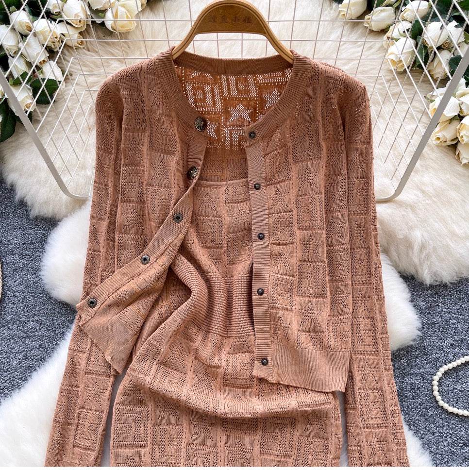 Crochet Vest Dress & Cardigan 2Pcs