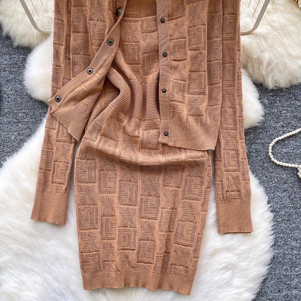 Crochet Vest Dress & Cardigan 2Pcs