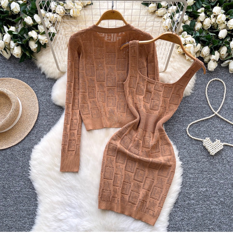 Crochet Vest Dress & Cardigan 2Pcs