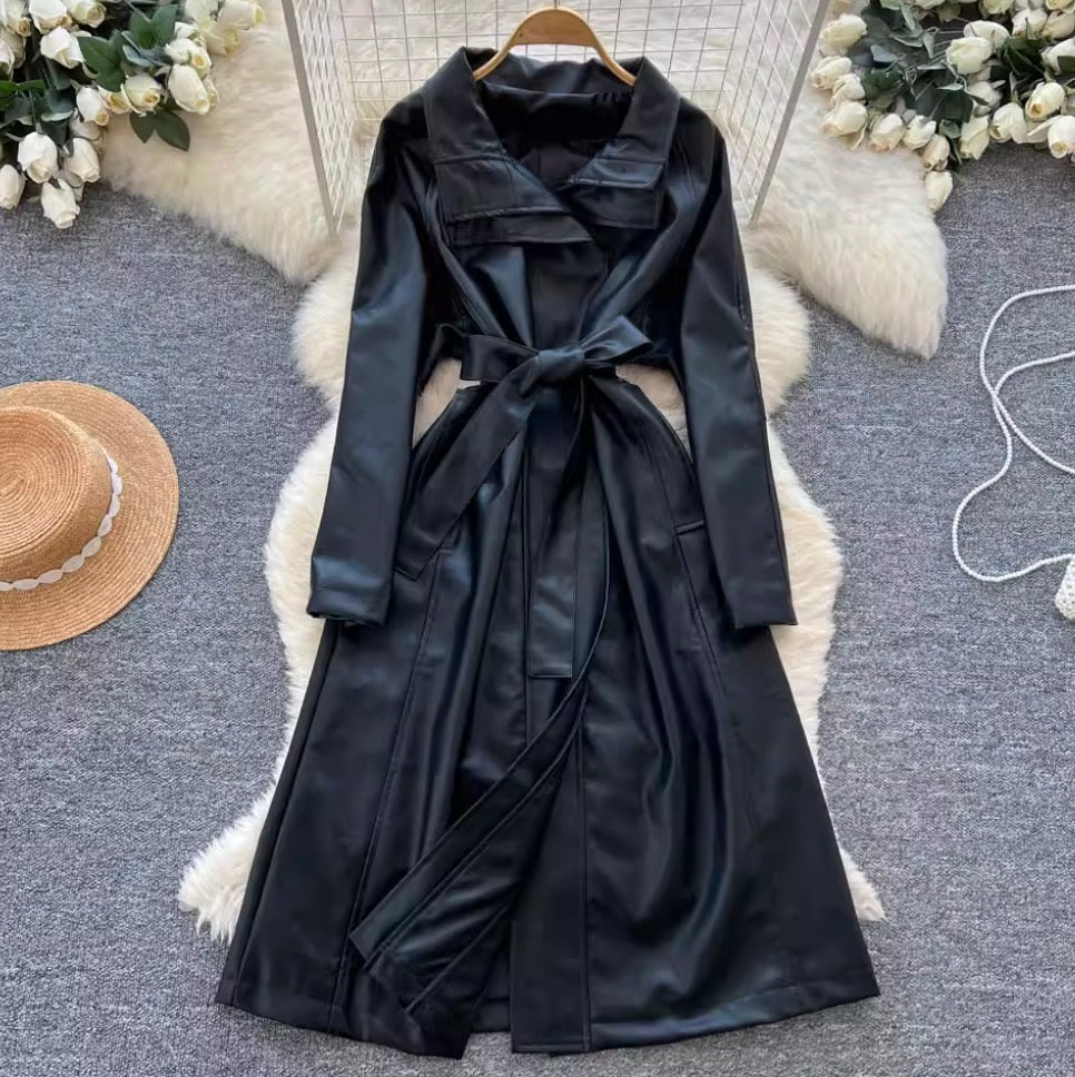 Vintage Suit Collar PU Trench Coat