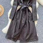 Vintage Suit Collar PU Trench Coat