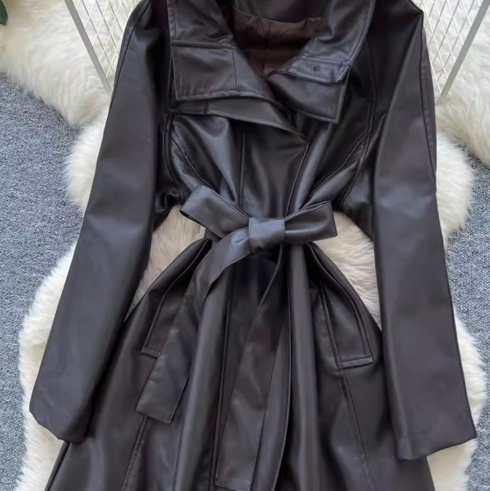Vintage Suit Collar PU Trench Coat