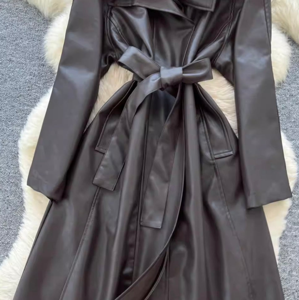 Vintage Suit Collar PU Trench Coat