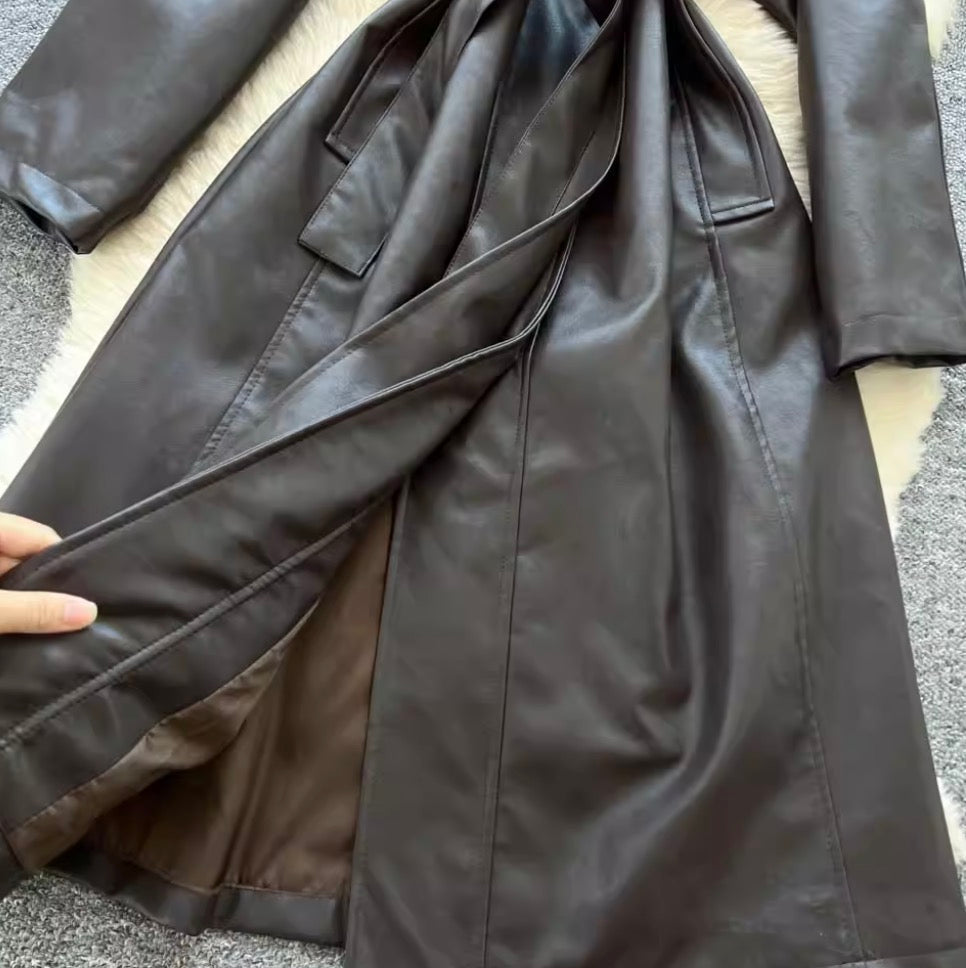 Vintage Suit Collar PU Trench Coat