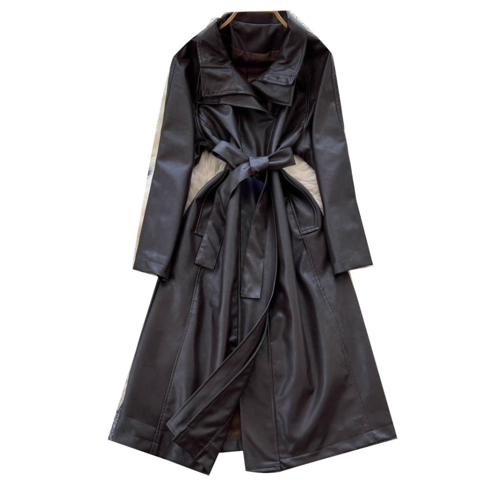 Vintage Suit Collar PU Trench Coat