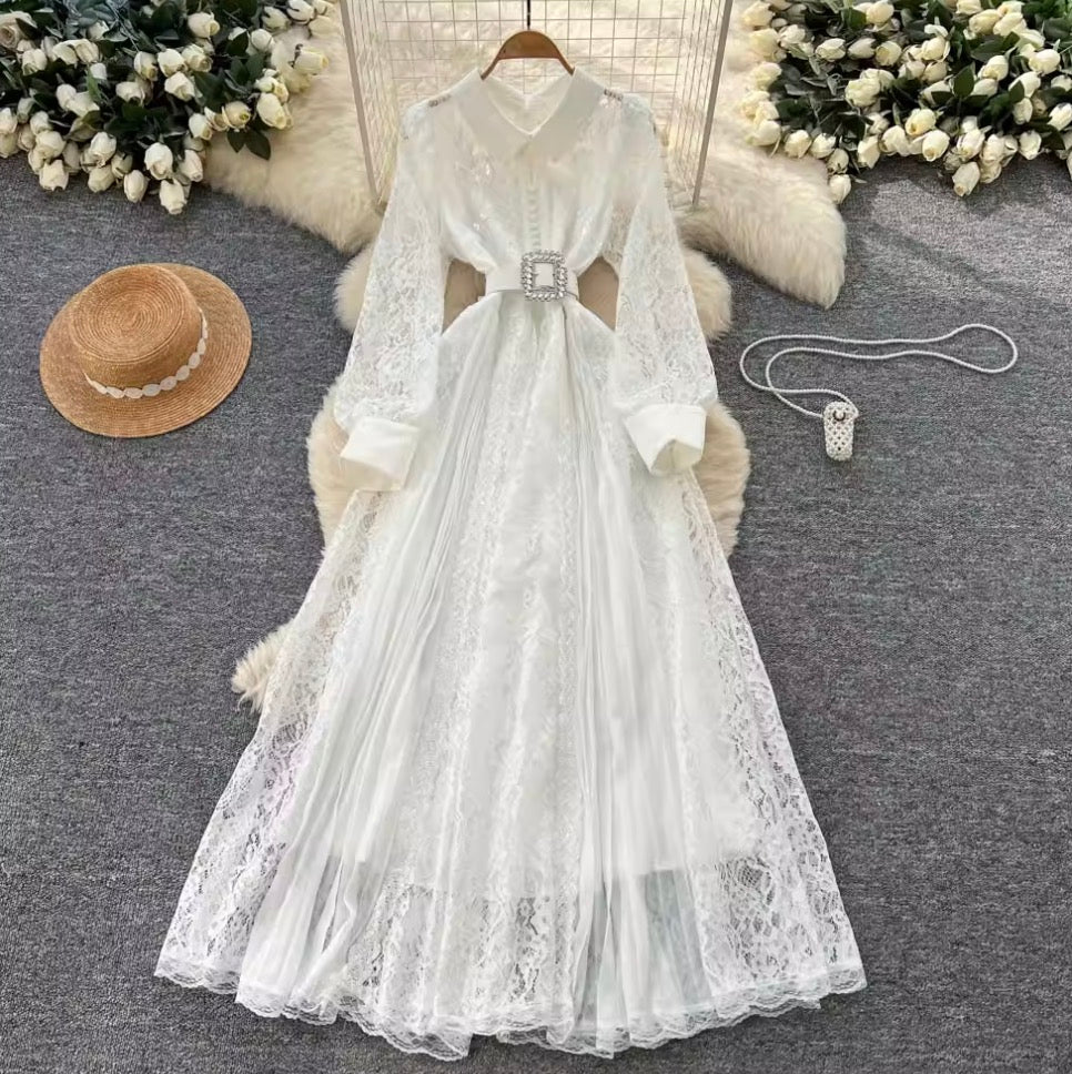 Elegant Sequined Lace Shirt Dress