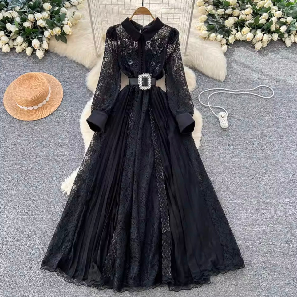 Elegant Sequined Lace Shirt Dress