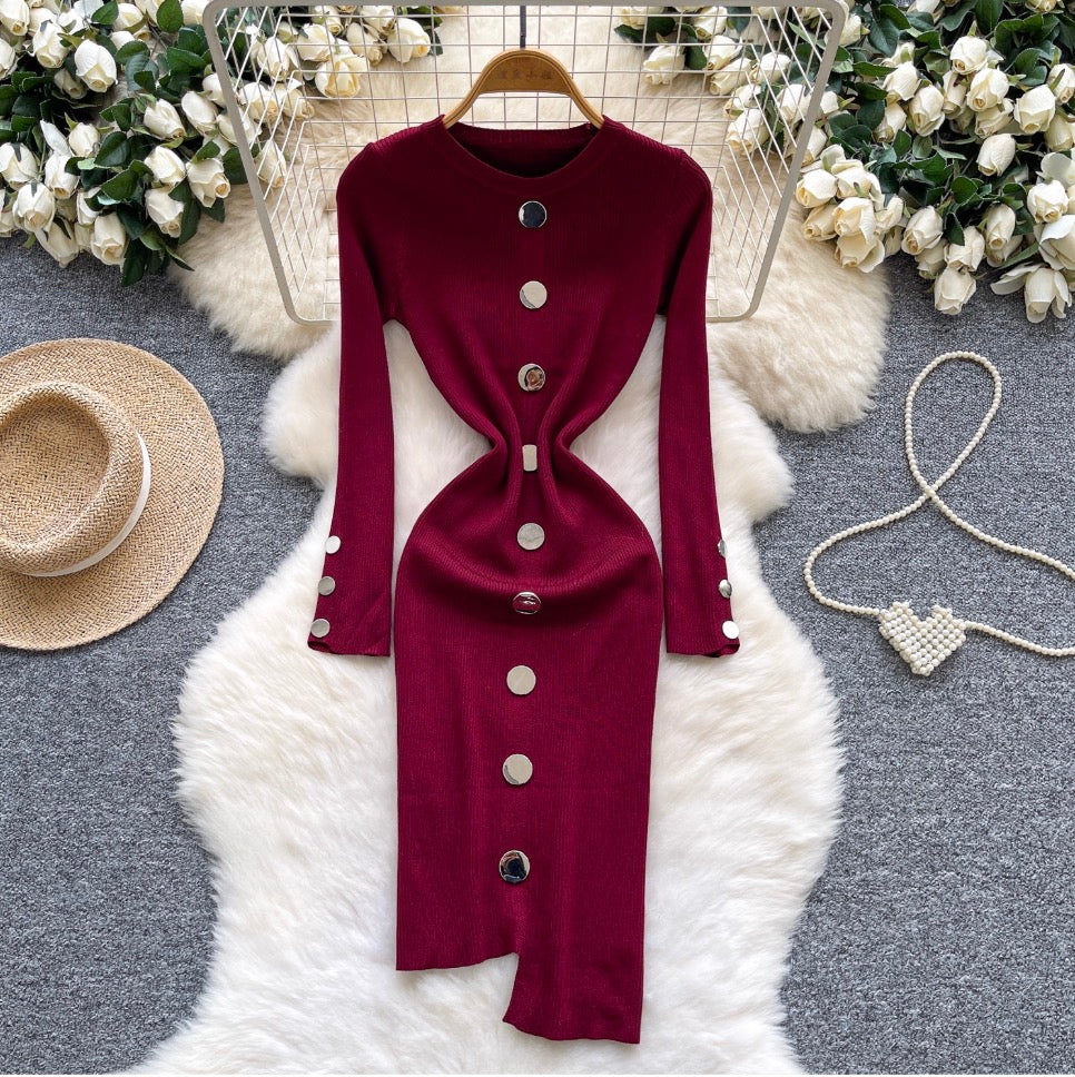 Crew Neck Solid Color Cardigan Dress