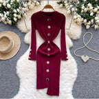 Crew Neck Solid Color Cardigan Dress