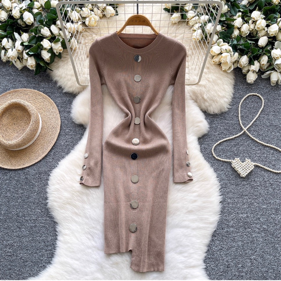 Crew Neck Solid Color Cardigan Dress