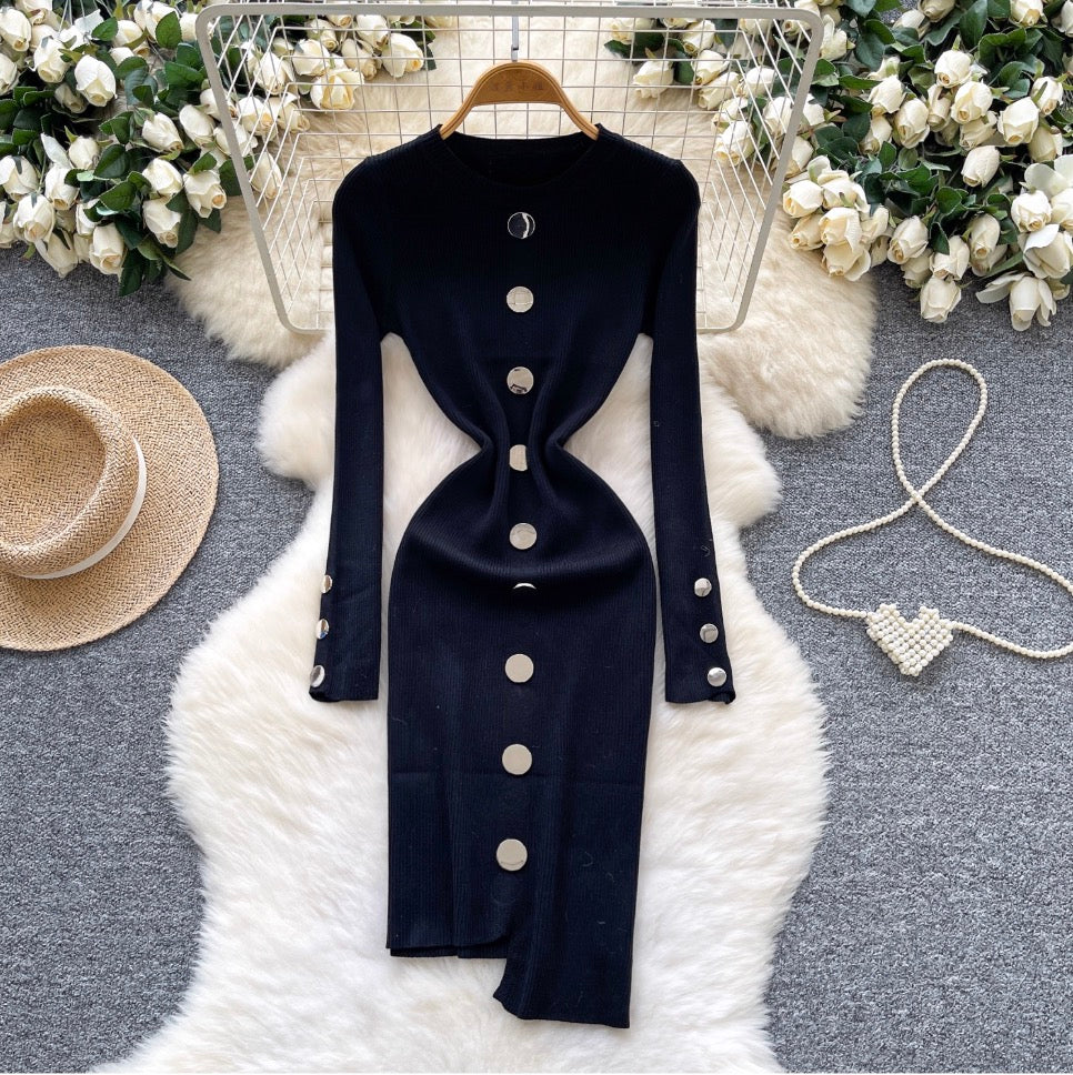 Crew Neck Solid Color Cardigan Dress