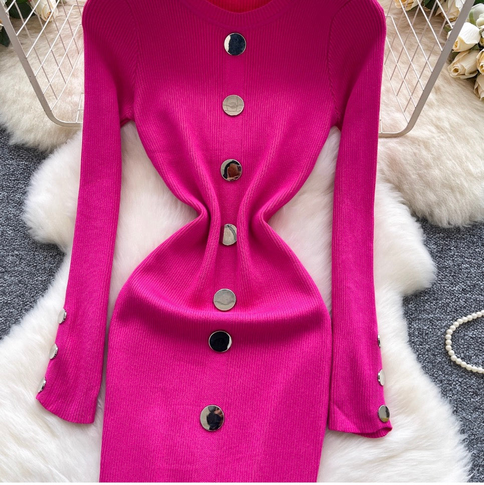 Crew Neck Solid Color Cardigan Dress