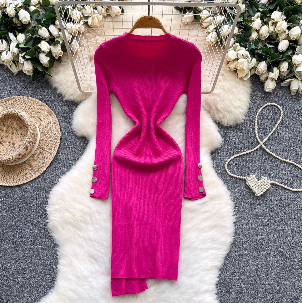 Crew Neck Solid Color Cardigan Dress