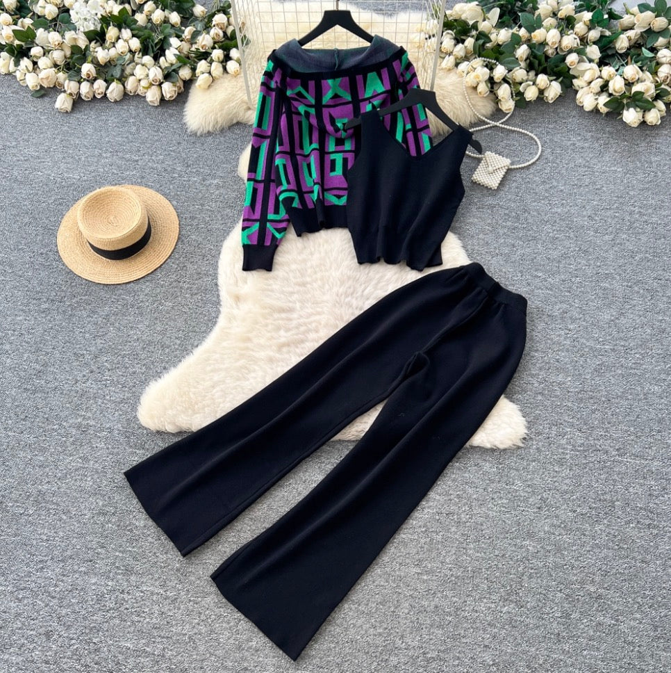 Print Hoodie & Vest & Trousers 3Pcs