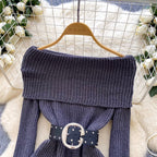Off-shoulder Ripped Sweater with Belt