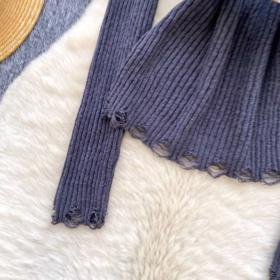 Off-shoulder Ripped Sweater with Belt