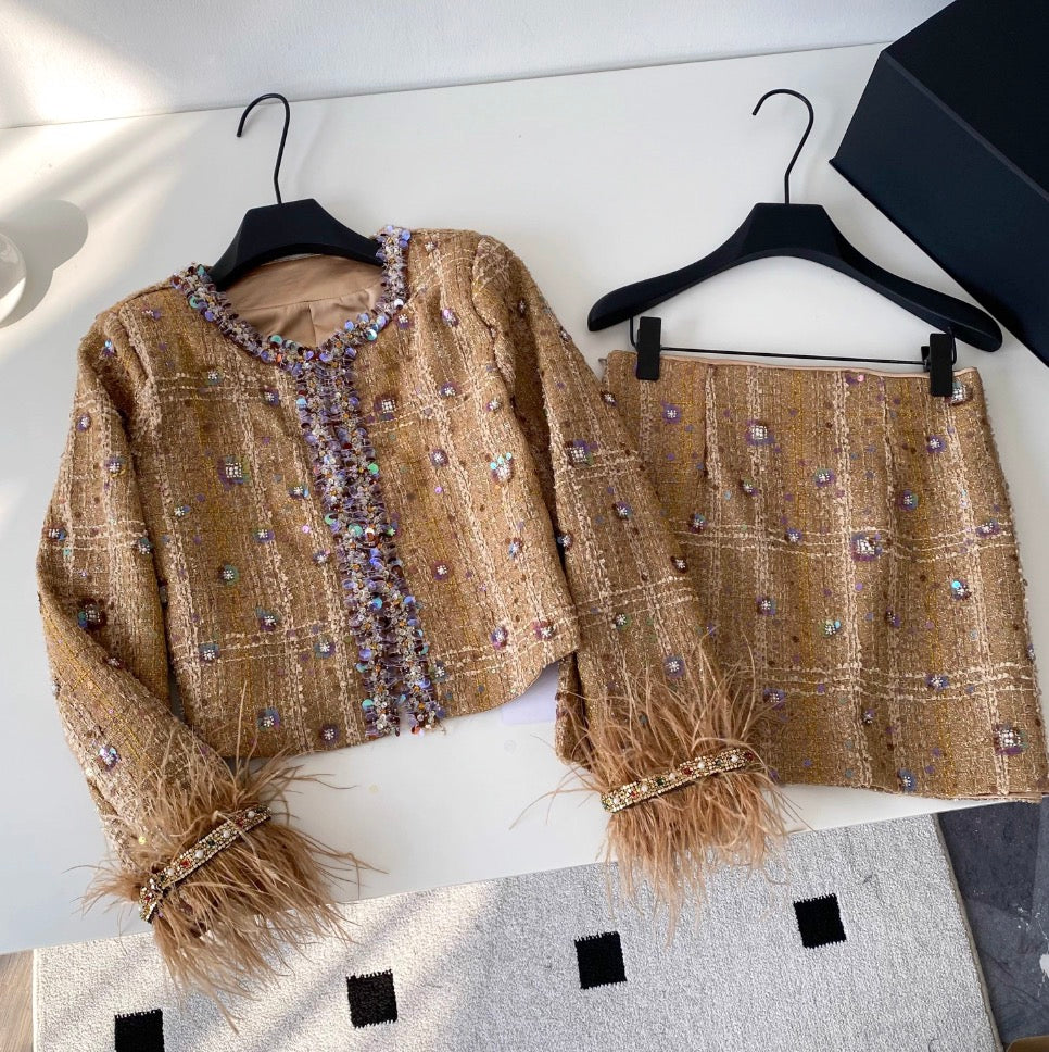 Beaded Furry Cardigan & Skirt 2Pcs