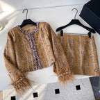 Beaded Furry Cardigan & Skirt 2Pcs