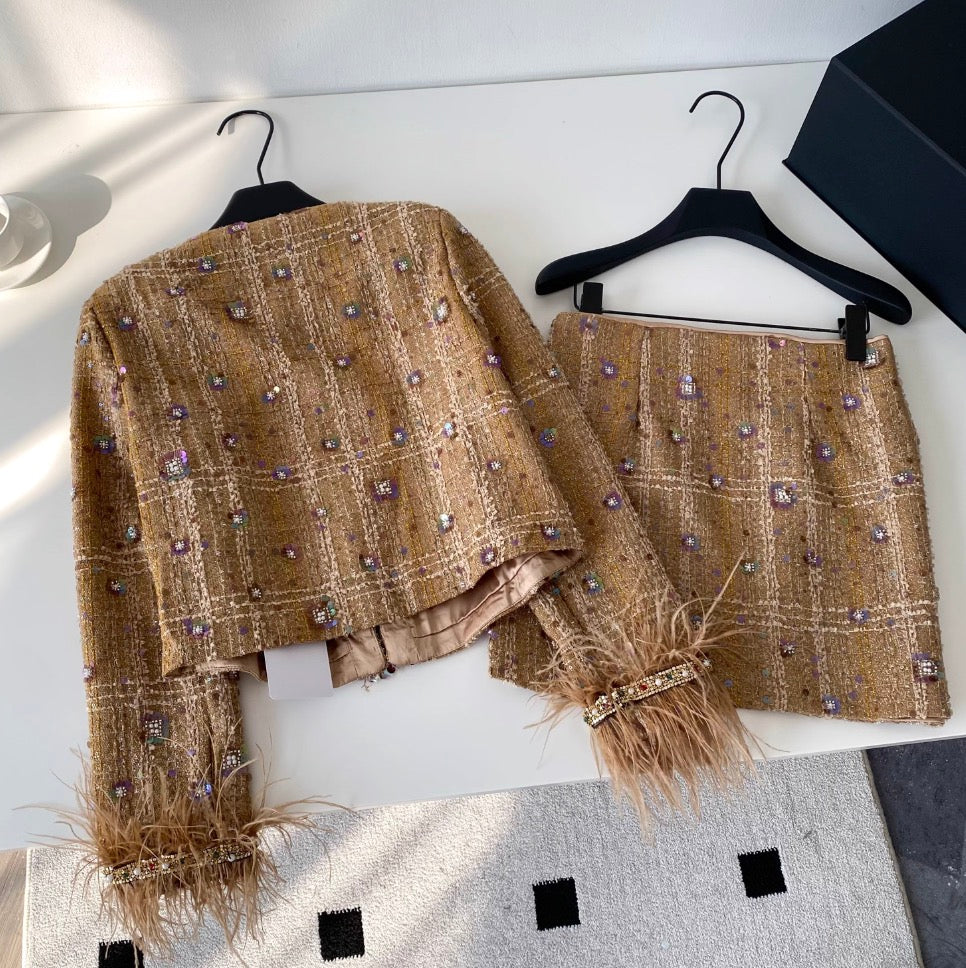 Beaded Furry Cardigan & Skirt 2Pcs