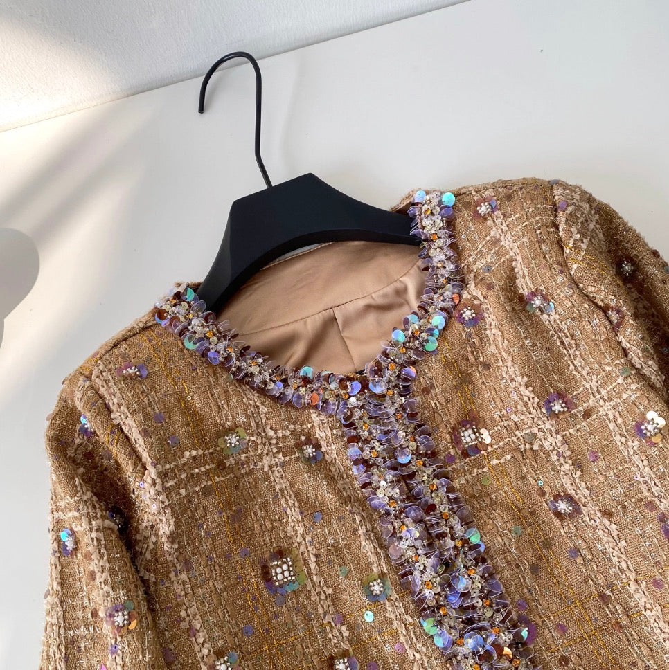 Beaded Furry Cardigan & Skirt 2Pcs