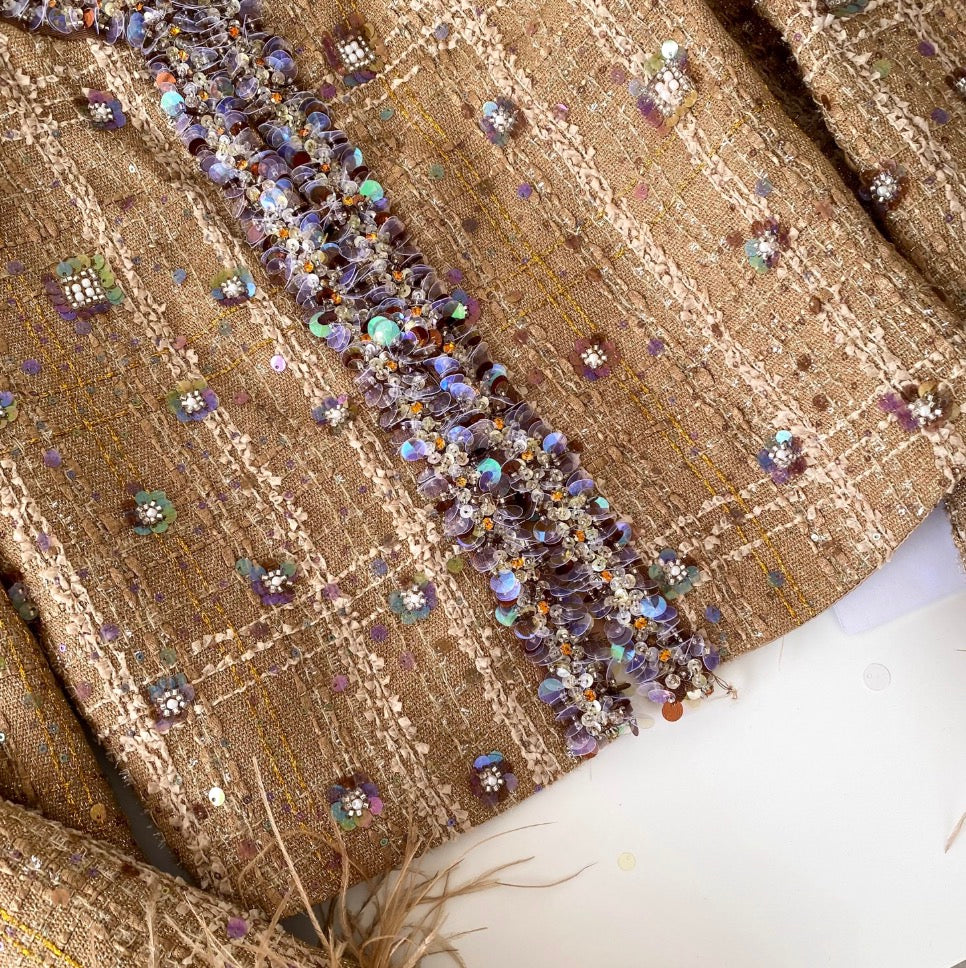 Beaded Furry Cardigan & Skirt 2Pcs