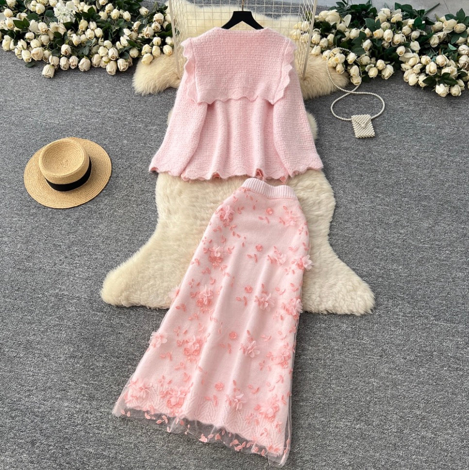 Sweetie Embroidered Cardigan & Skirt 2Pcs
