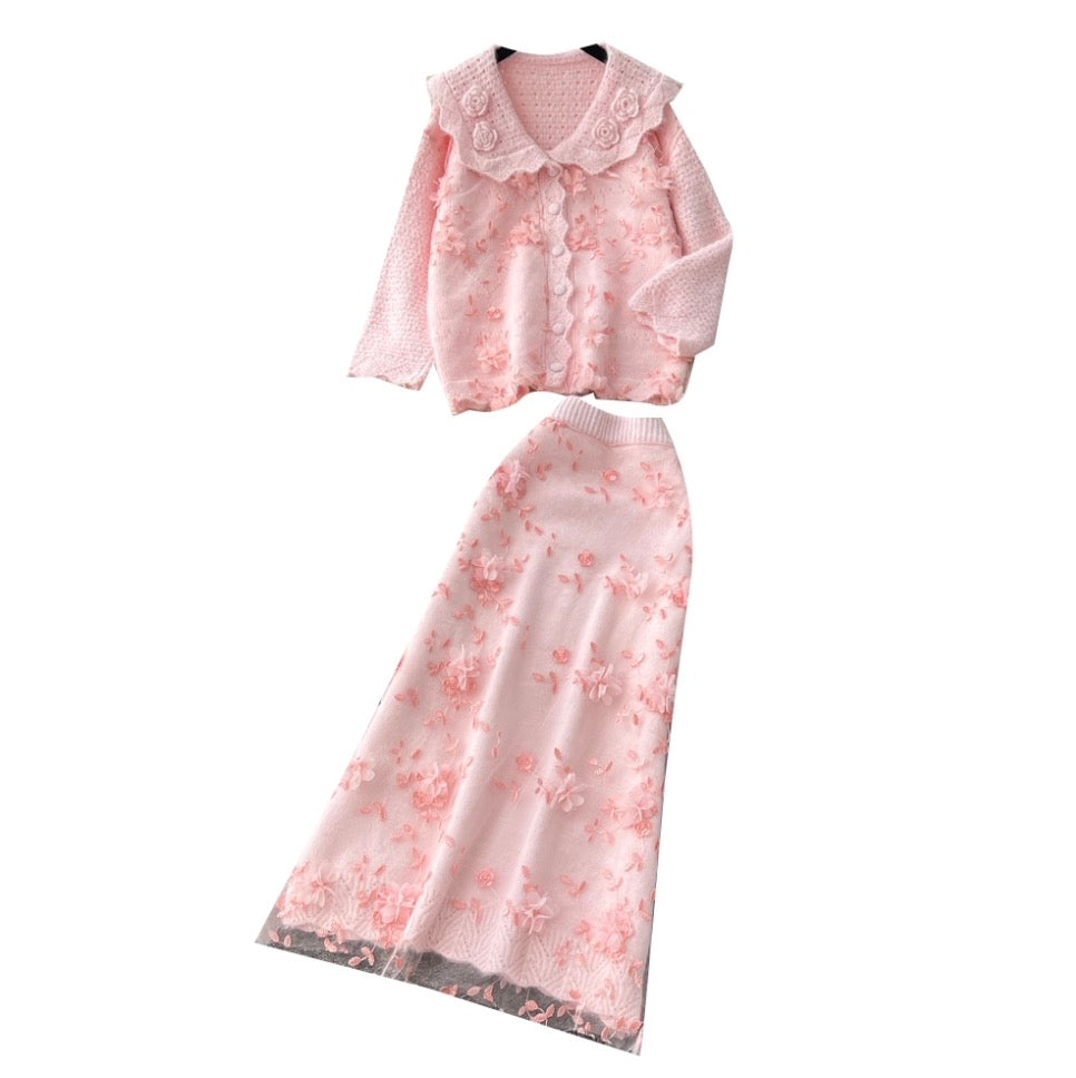 Sweetie Embroidered Cardigan & Skirt 2Pcs