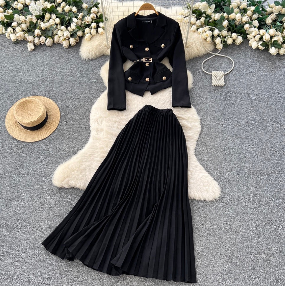 Lace-up Blazer & Pleated Skirt 2Pcs