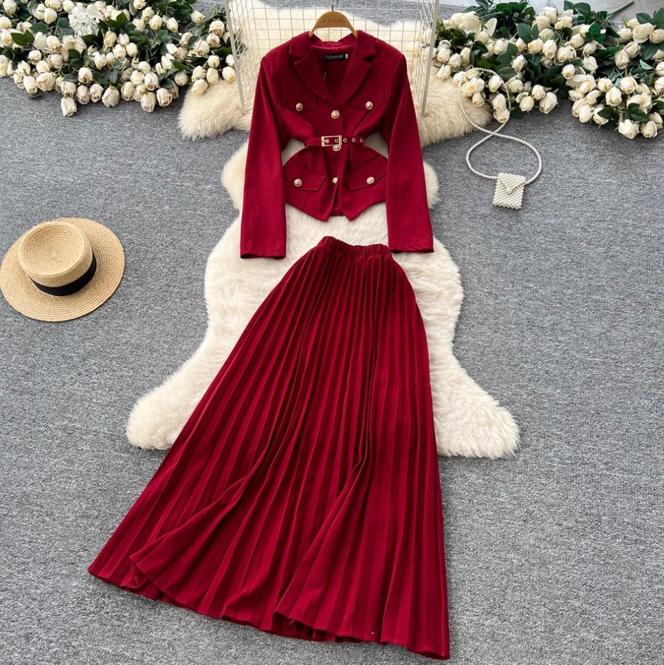 Lace-up Blazer & Pleated Skirt 2Pcs