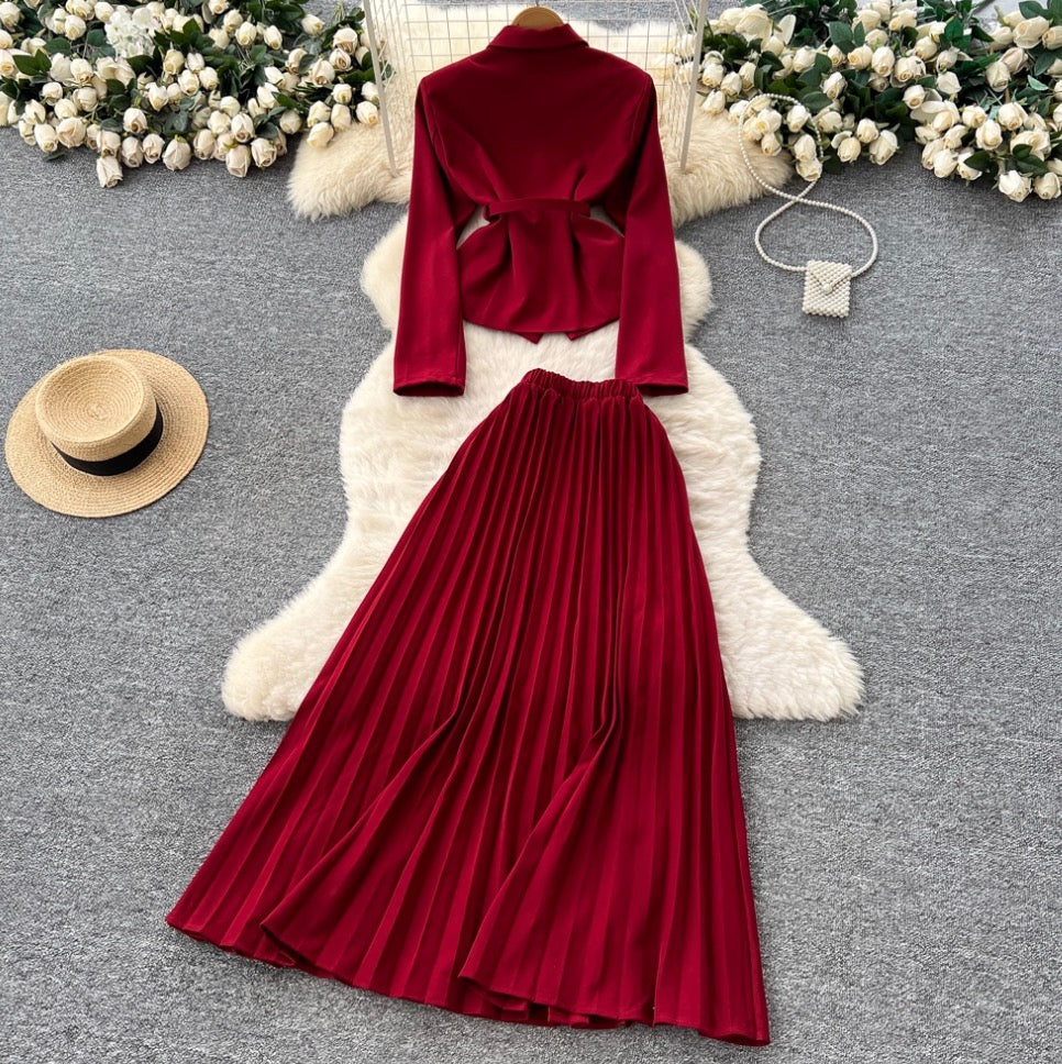 Lace-up Blazer & Pleated Skirt 2Pcs