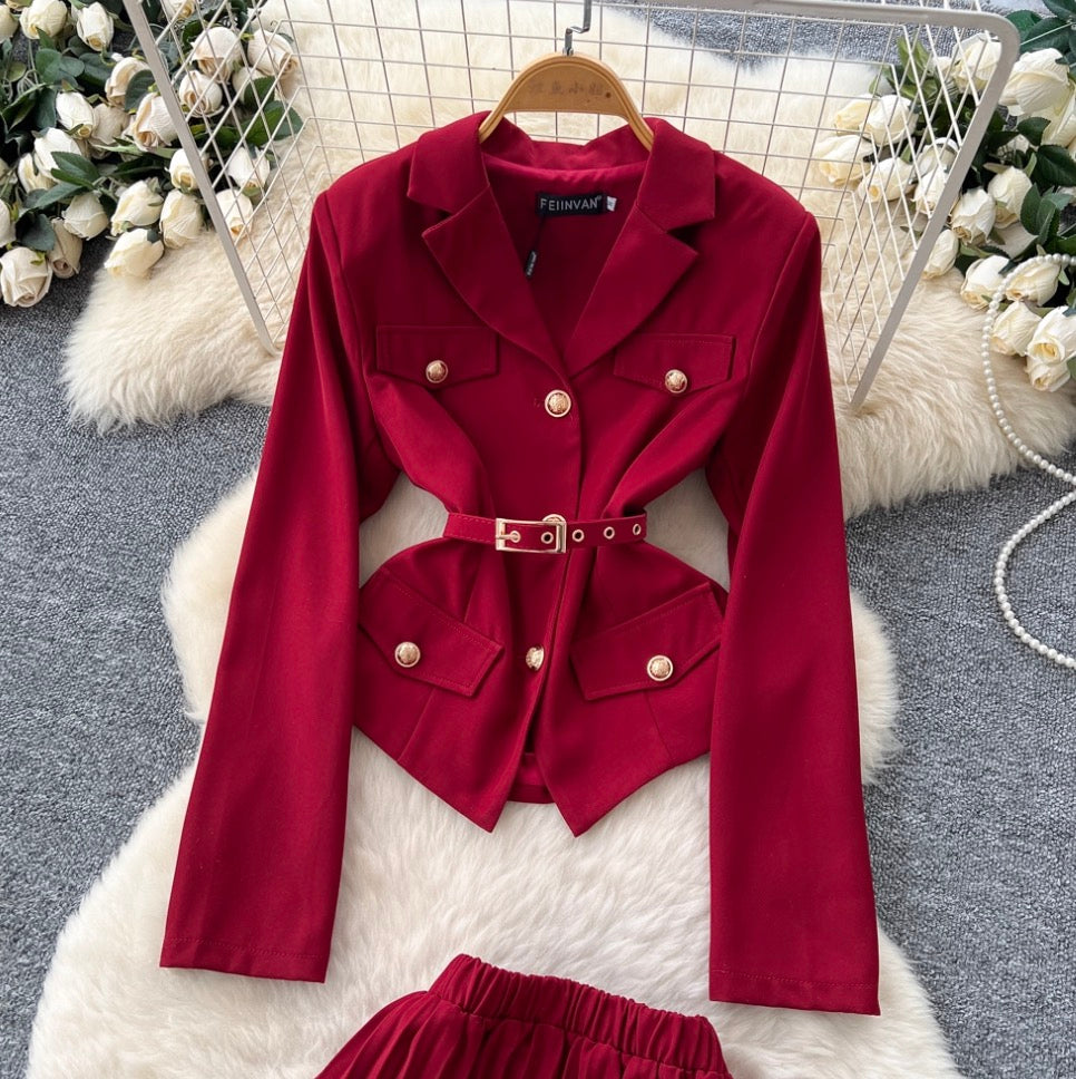 Lace-up Blazer & Pleated Skirt 2Pcs