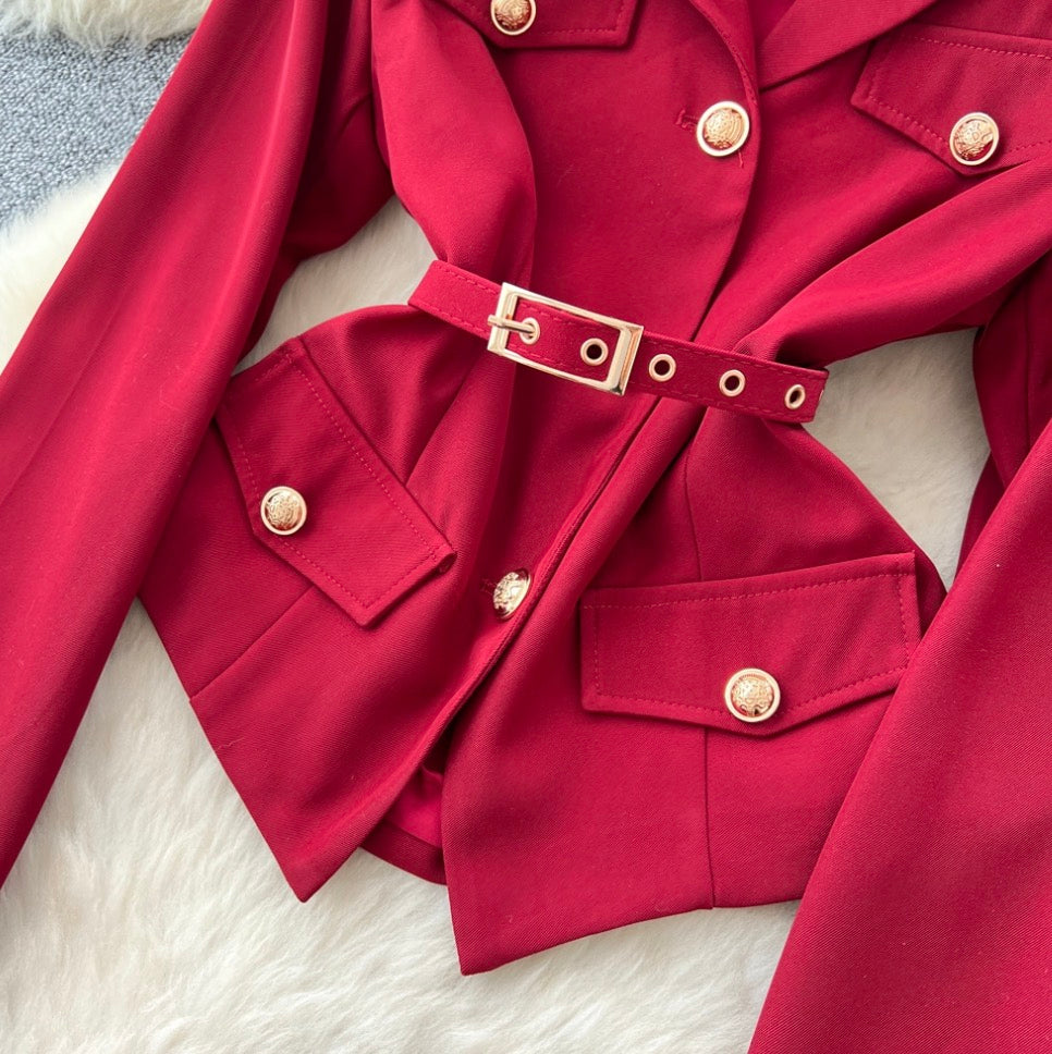 Lace-up Blazer & Pleated Skirt 2Pcs