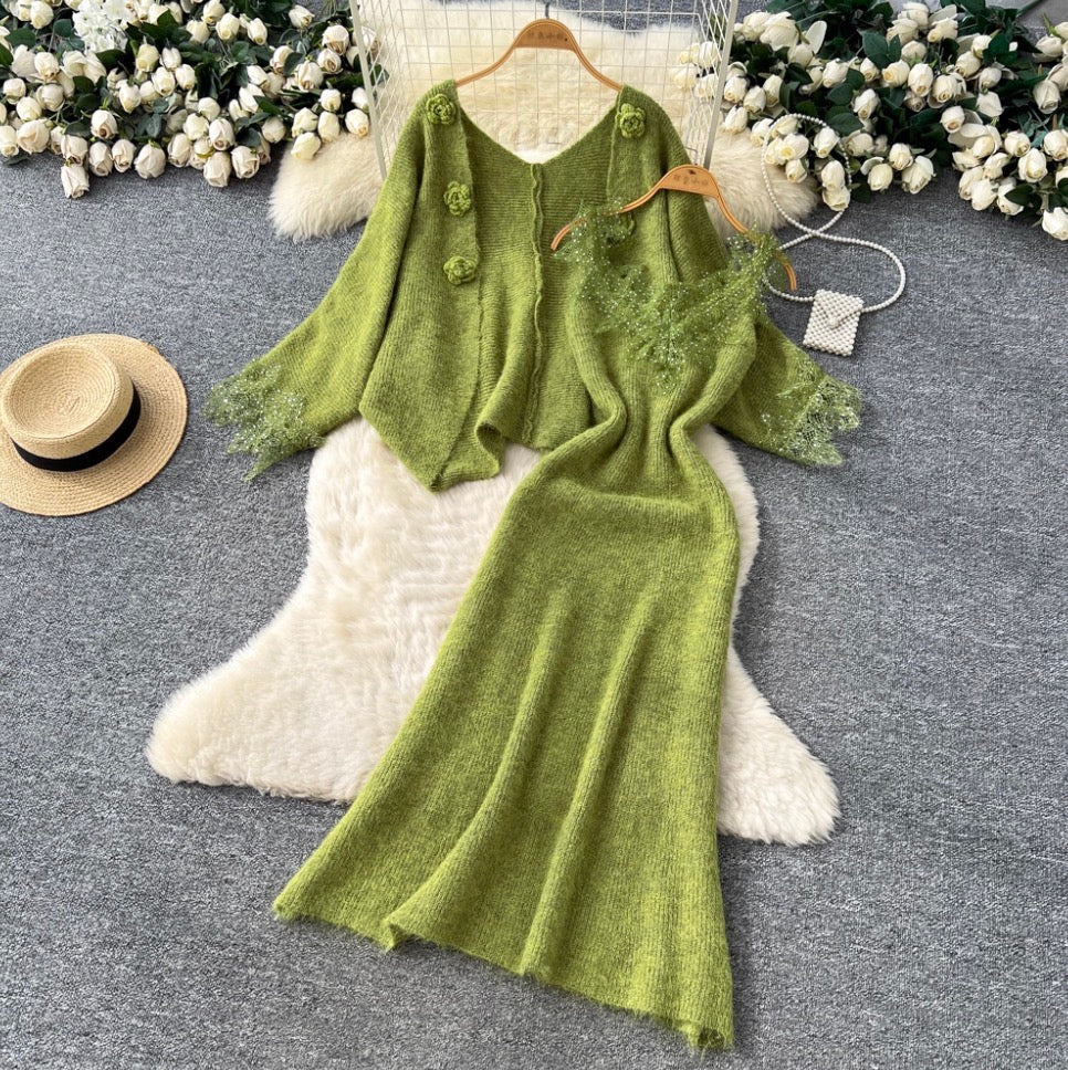 Lace Patchwork Dress & Cardigan 2Pcs