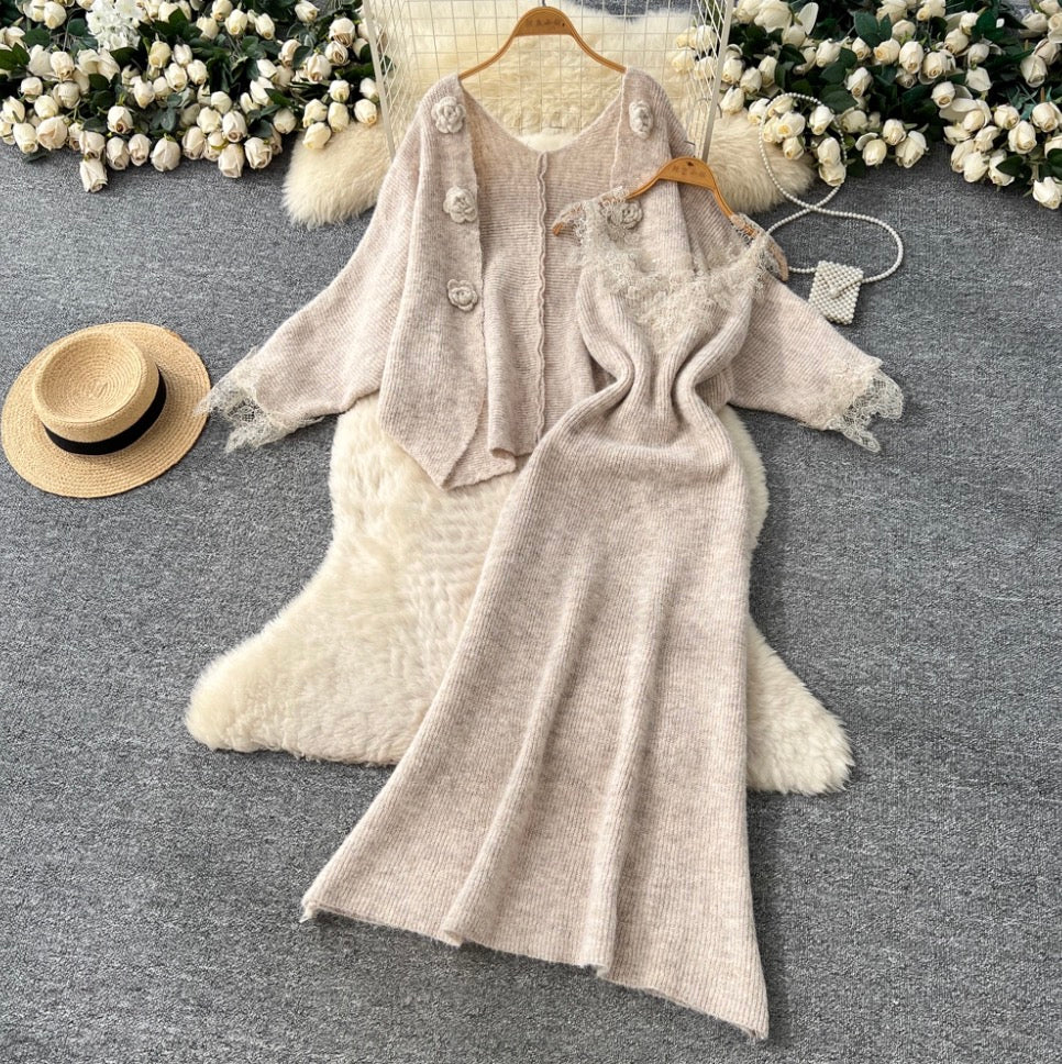 Lace Patchwork Dress & Cardigan 2Pcs