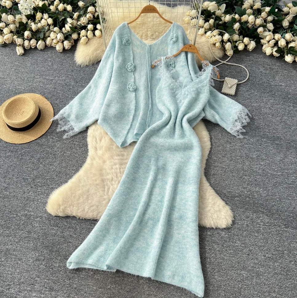 Lace Patchwork Dress & Cardigan 2Pcs