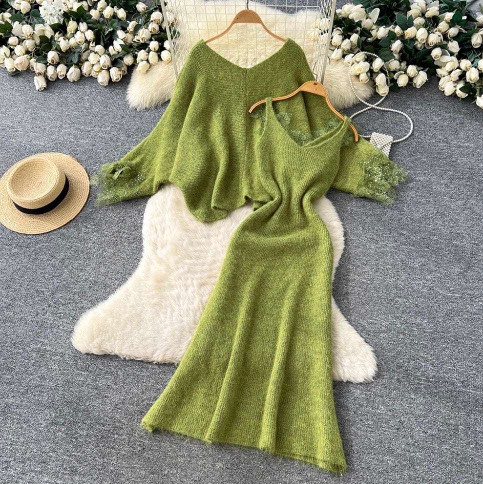 Lace Patchwork Dress & Cardigan 2Pcs