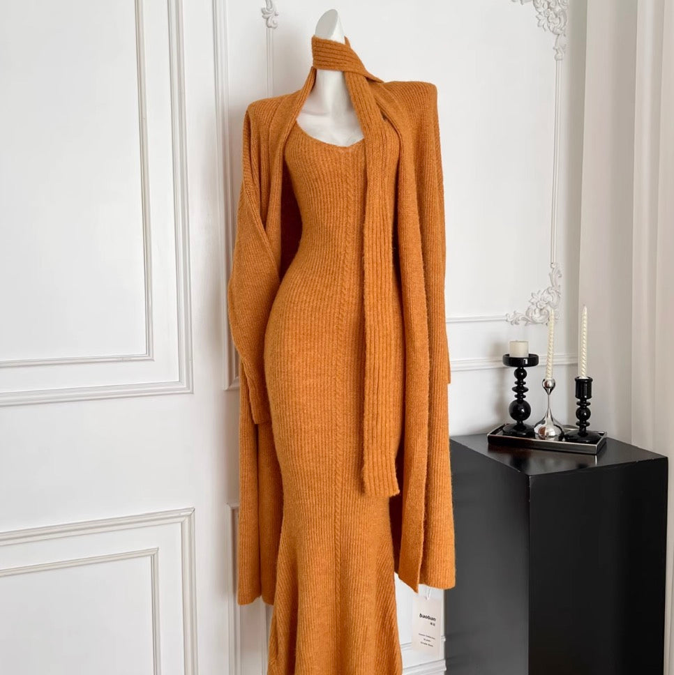 Cardigan & Slip Dress & Ribbon Knitted 3Pcs