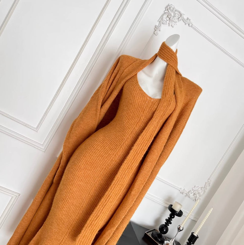 Cardigan & Slip Dress & Ribbon Knitted 3Pcs