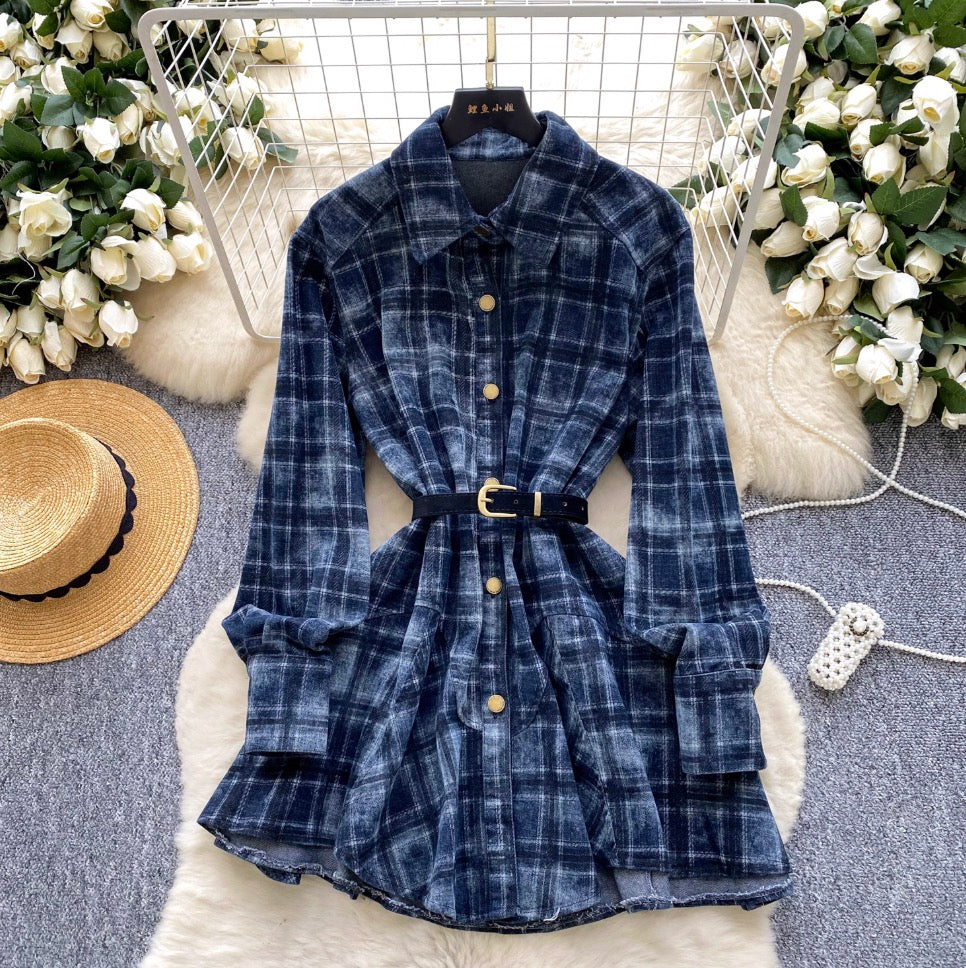 POLO Collar Plaid Shirt Dress