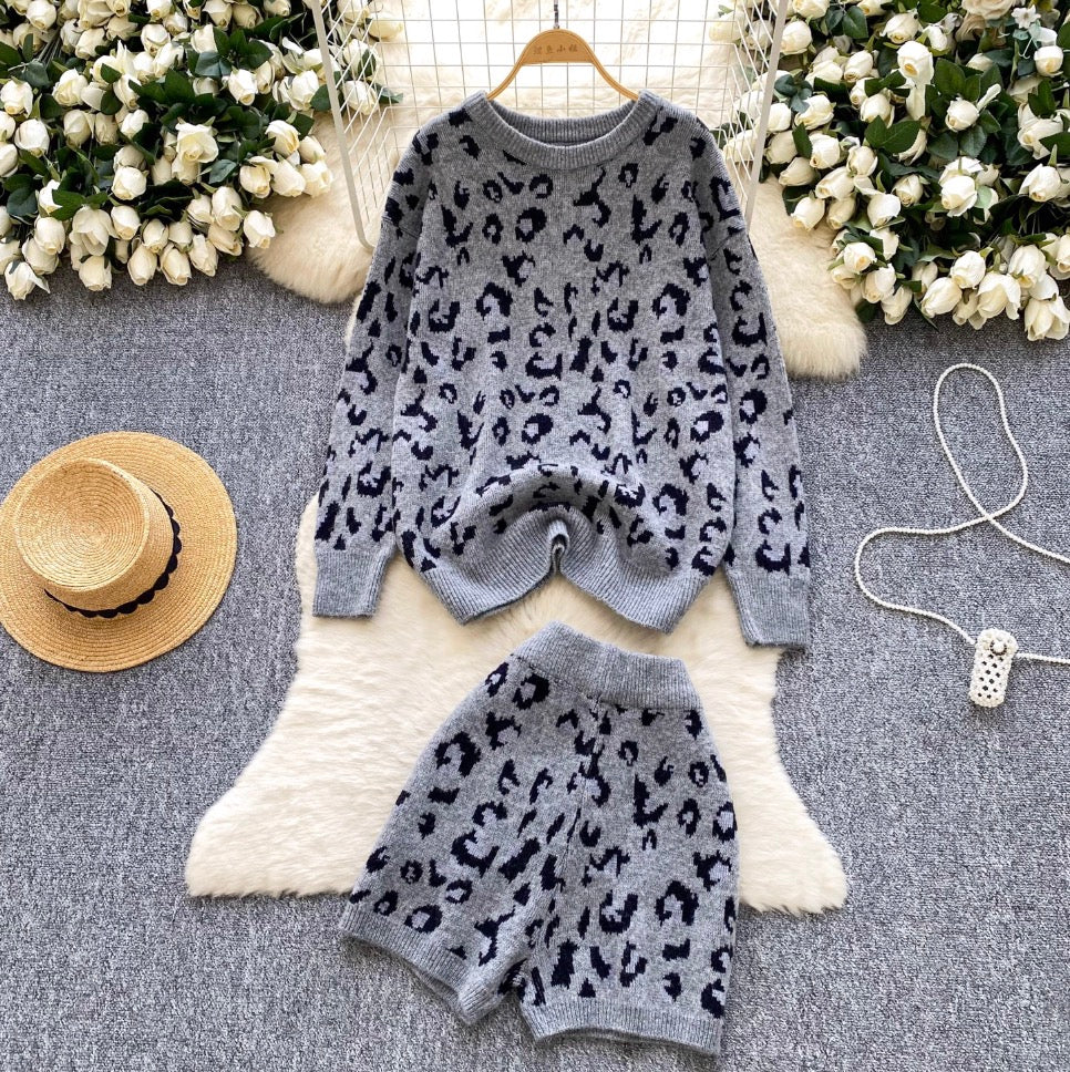 Leopard Print Sweater & Shorts 2Pcs