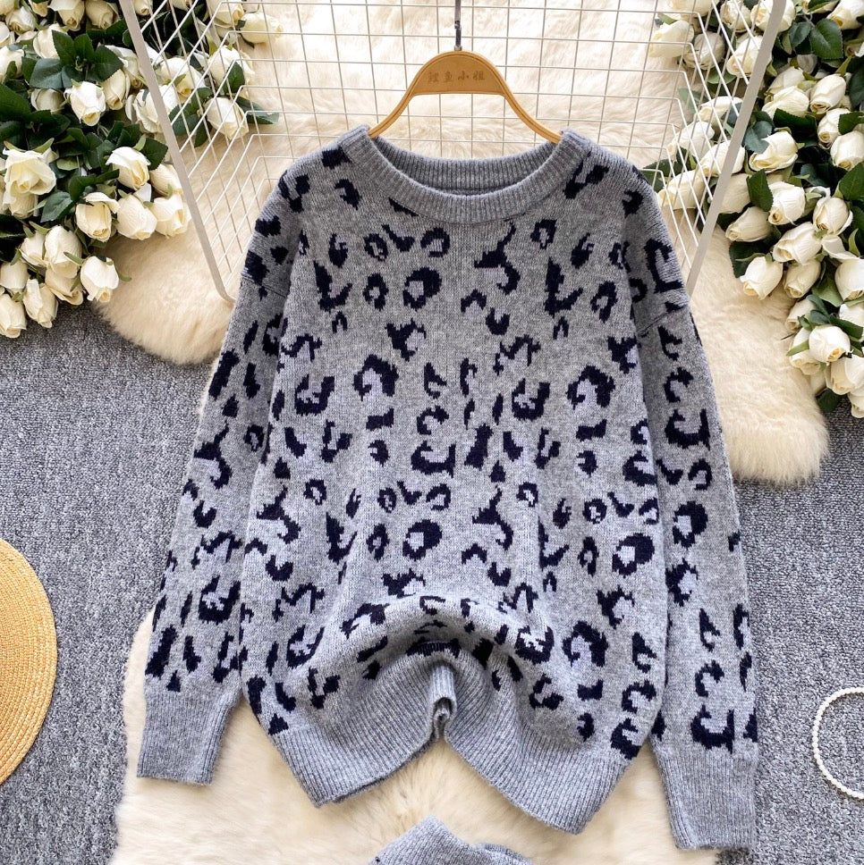 Leopard Print Sweater & Shorts 2Pcs