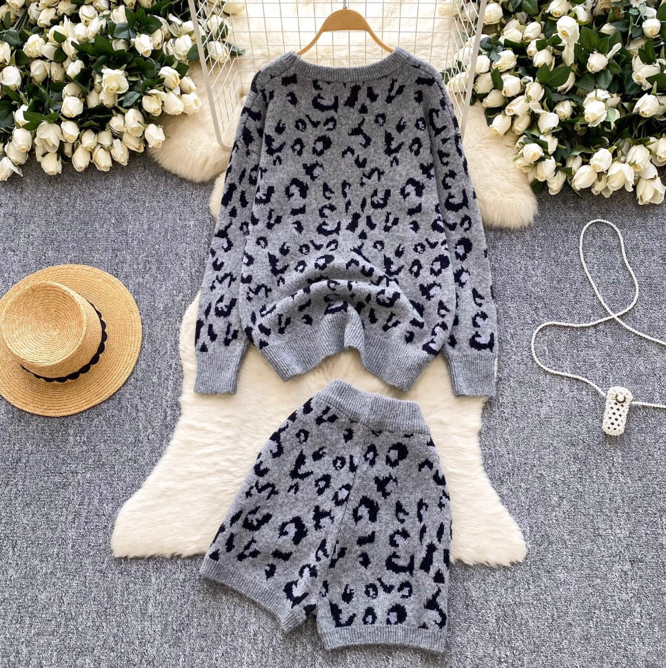 Leopard Print Sweater & Shorts 2Pcs