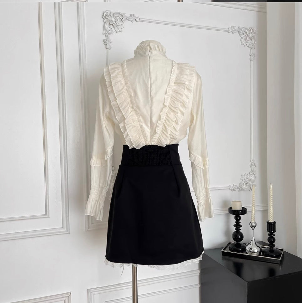 Ruffled Shirt & Black Skirt OL 2Pcs