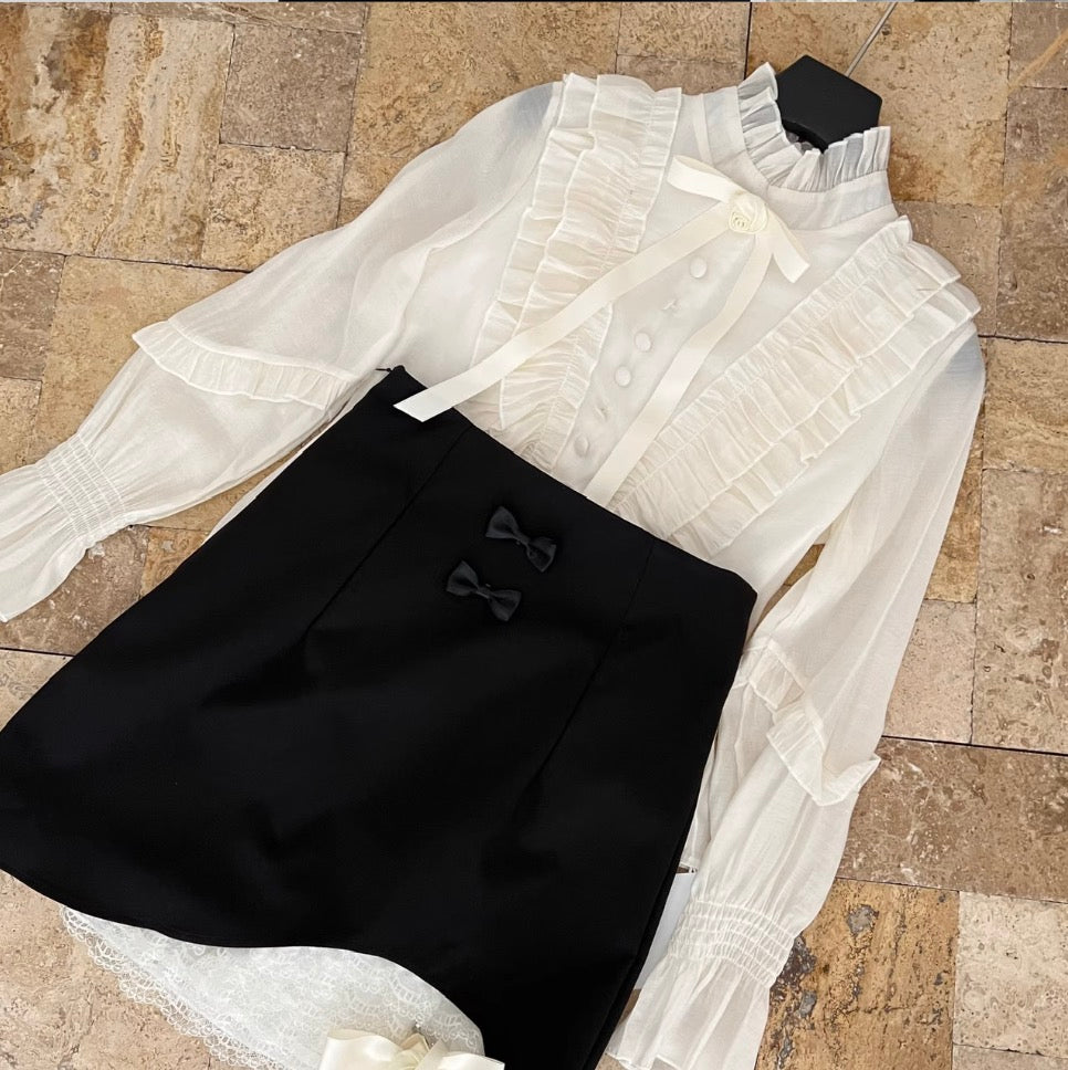 Ruffled Shirt & Black Skirt OL 2Pcs