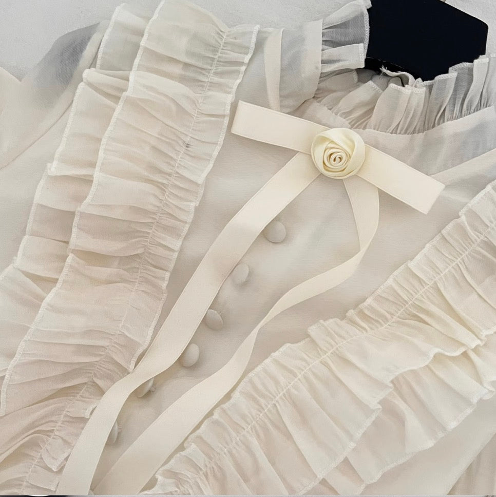 Ruffled Shirt & Black Skirt OL 2Pcs