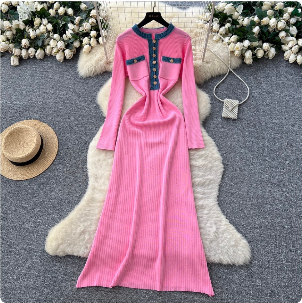 Color-blocking Round Collar Knitted Dress