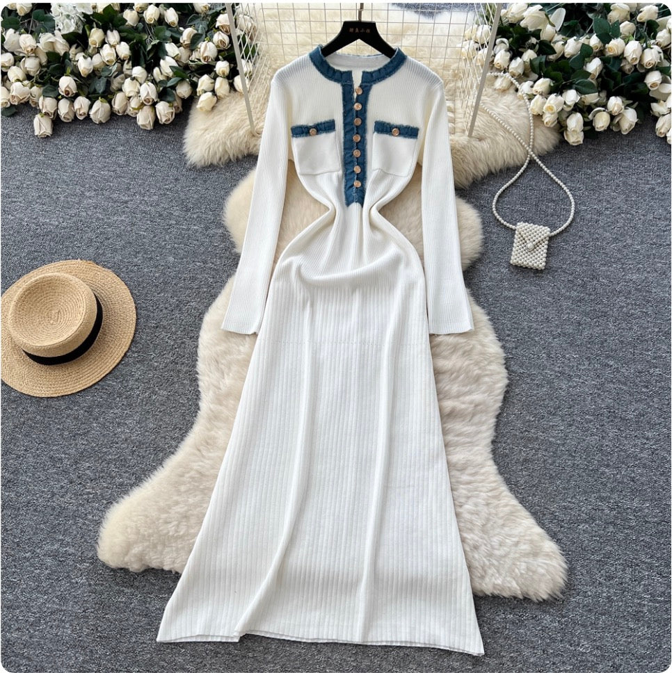 Color-blocking Round Collar Knitted Dress
