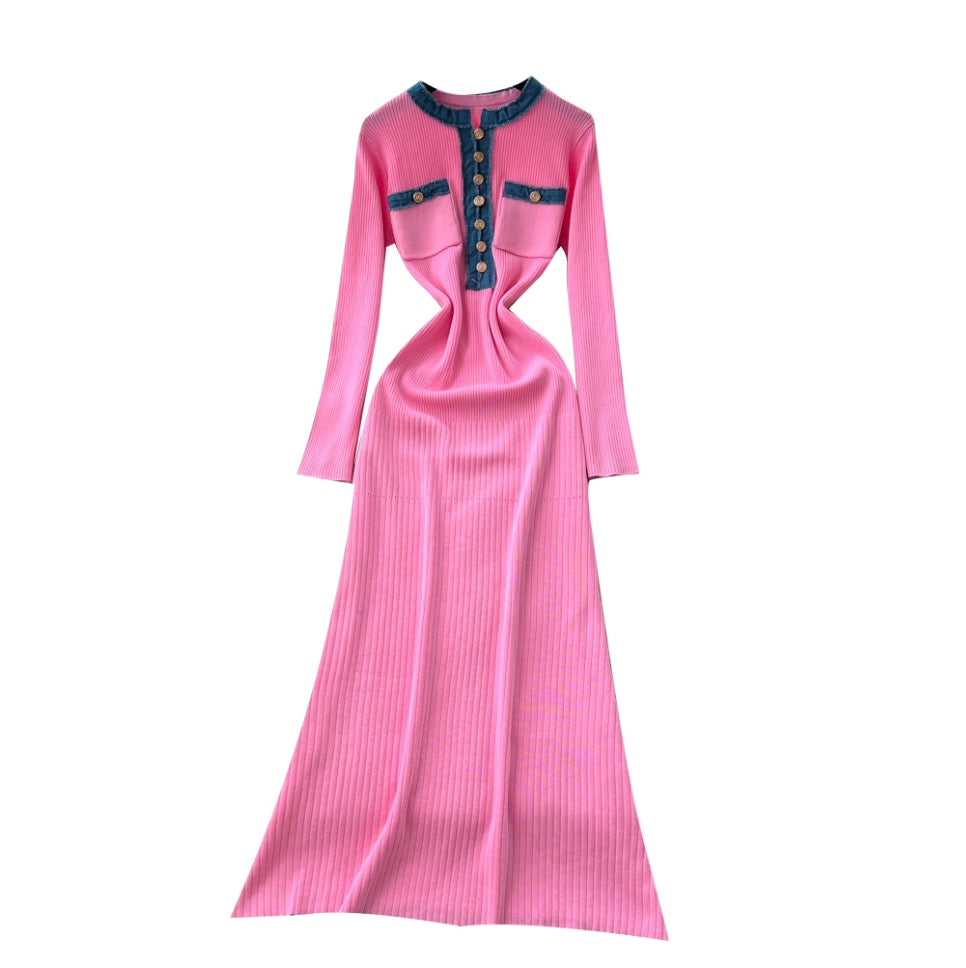 Color-blocking Round Collar Knitted Dress