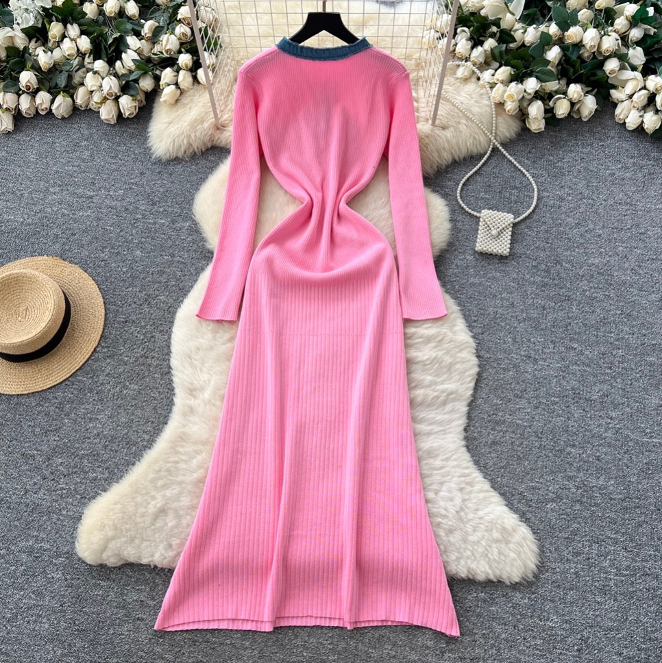 Color-blocking Round Collar Knitted Dress