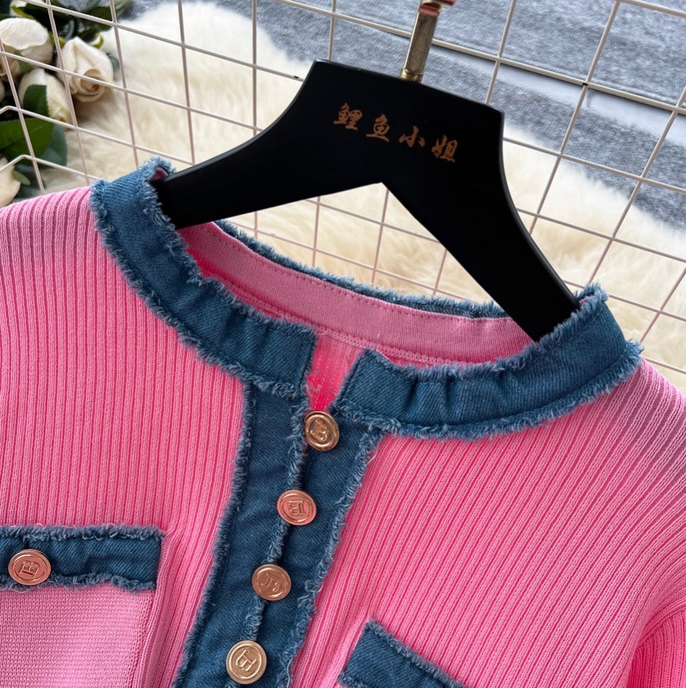 Color-blocking Round Collar Knitted Dress